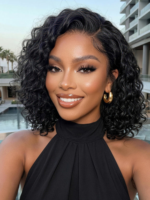 Klaiyi 6x4 Lace Closure 220% Density Put On& Go Water Wave Short Wavy Bob Wig Glueless Minimalist Lace Wig
