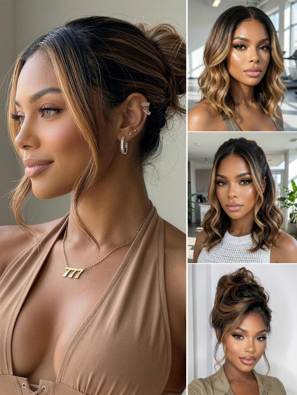 Perruque Klaiyi Balayage Brun Français 13×4, coupe au carré souple mi-longue, avec lace frontale et cordon de serrage invisible. Facile à poser.