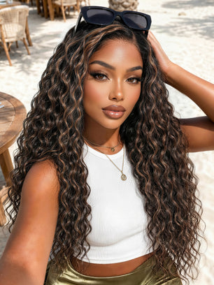 Klaiyi 7x5 Golden Brown Highlight Water Wave Bye Bye Knots Lace Closure Wig 150% Density