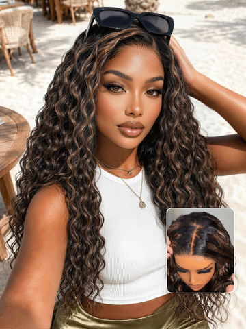 Klaiyi 7x5 Golden Brown Highlight Water Wave Bye Bye Knots Lace Closure Wig 150% Density