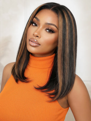 Klaiyi 7x5 Noir naturel avec mèches brunes, coupe au carré court lisse Yaki, cheveux humains Bye Bye Knots avec cordon de serrage invisible. 