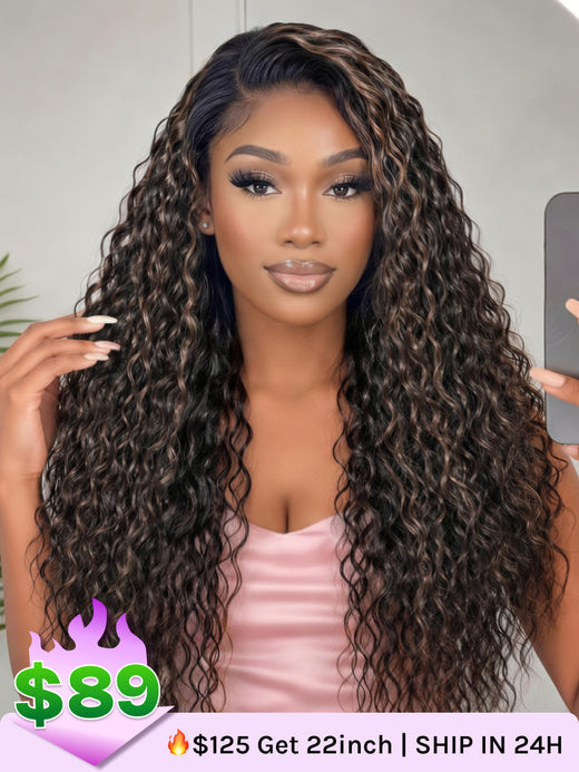 Klaiyi 7x5 Golden Brown Highlight Water Wave Bye Bye Knots Lace Closure Wig 150% Density