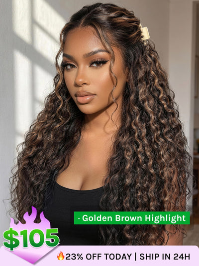Klaiyi 7x5 Golden Brown Highlight Water Wave Bye Bye Knots Lace Closure Wig 150% Density