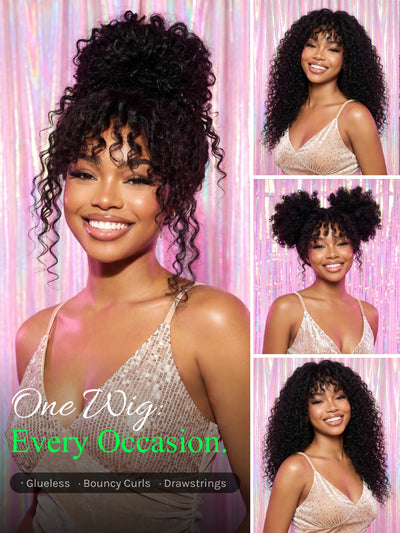 Klaiyi T-Part Shaggy Curly Wig with Bangs Natural Black Afro Curls with Drawstring Glueless Beginner-Friendly