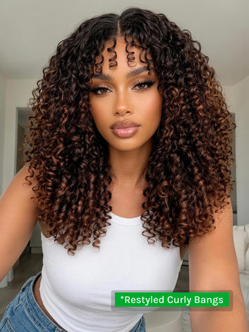Klaiyi Ombre Chestnut Brown 7x5 Burmese Curly Wig with Finger Coil Ends Put On and Go Glueless Human Hair with Invisi Drawstring