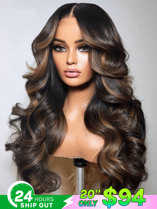 Vente flash Perruque Klaiyi Miel Caramel Mèches Ondulées 13x4 Prête à poser, sans colle 