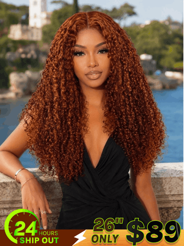 Fast Shipping| 26"=$89 180% Density Lace Part Ginger Orange Jerry Curly Human Hair Wig