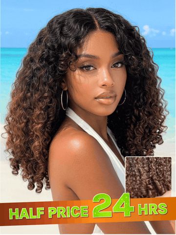 Peluca Rizada Birmana Castaña Ombre Klaiyi 7x5 con Puntas de Rizo, Listo para Usar, Sin Pegamento, Cabello Humano con Cuerda Invisi