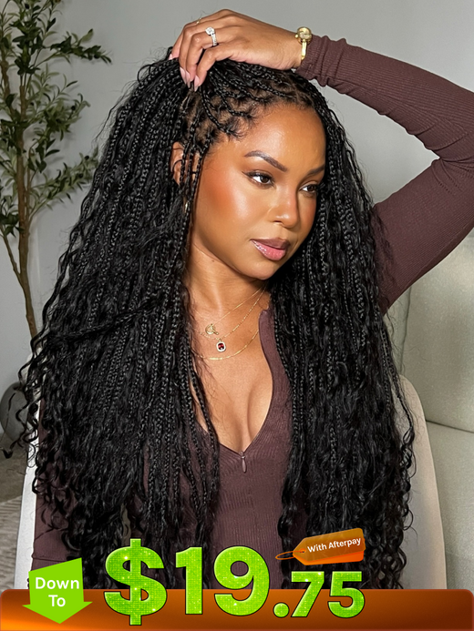 $79=36inch | Flash Sale Klaiyi 34inch Knotless Full Lace Box Braid Wig Boho Goddess Braided Wig with Baby Hair Curly Ends Wig
