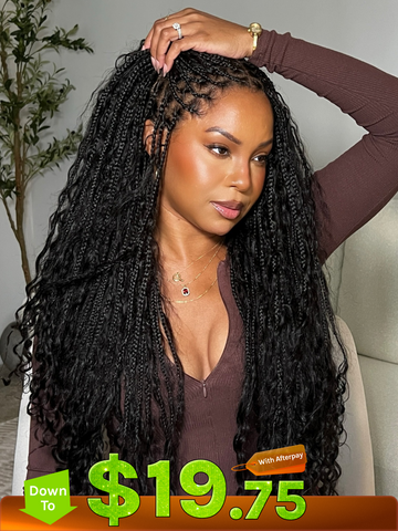 $79=36inch | Flash Sale Klaiyi 34inch Knotless Full Lace Box Braid Wig Boho Goddess Braided Wig with Baby Hair Curly Ends Wig