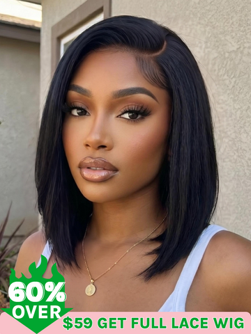 Klaiyi Full Lace Wig Straight Short Bob Human Hair Wig with Face-Framing Layers
