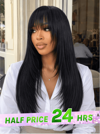 Extra 50% Off,Code: HALF50 |Klaiyi Yaki Straight Human Hair Glueless Wig with Blunt Cut Bangs Natural Black Color