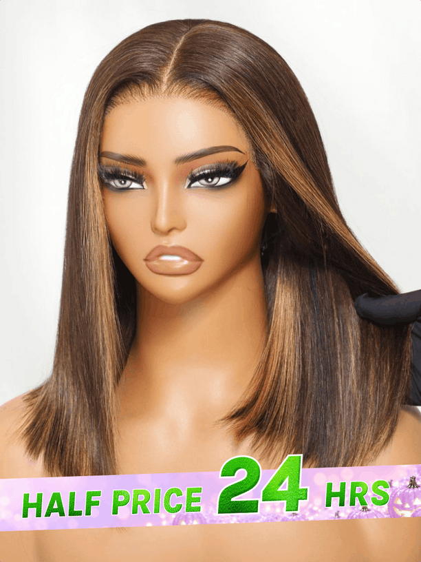 Extra 50% OFF Code:HALF50 | Klaiyi Mocha Brown Highlight Bob Wig with Caramel Highlights 7x5 Bye-Bye Knots Wig