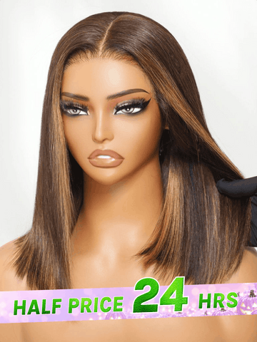 Extra 50% OFF Code:HALF50 | Klaiyi Mocha Brown Highlight Bob Wig with Caramel Highlights 7x5 Bye-Bye Knots Wig