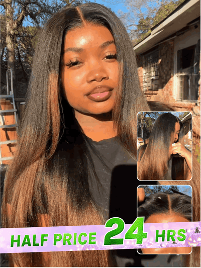 Extra 50% OFF Code:HALF50 | Klaiyi Ombre Chestnut Brown Yaki Straight Put On and Go Glueless Wig 7x5 Bye Bye Knots And 13x4 Lace Frontal Human Hair Wigs with Invisi Drawstring