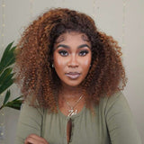 Klaiyi Highligh Kinky Curly 13x4 Lace Front Wigs 180% Density Piano Brown Balayage Human Hair Flash Sale