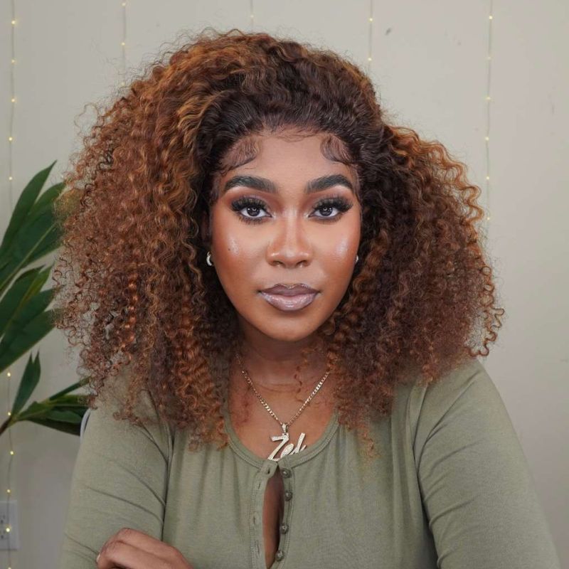 Klaiyi 7x5 Pre-cut Glueless Lace Invisible Knots Wig Ombre Highlight Piano Brown Kinky Curly Balayage Human Hair