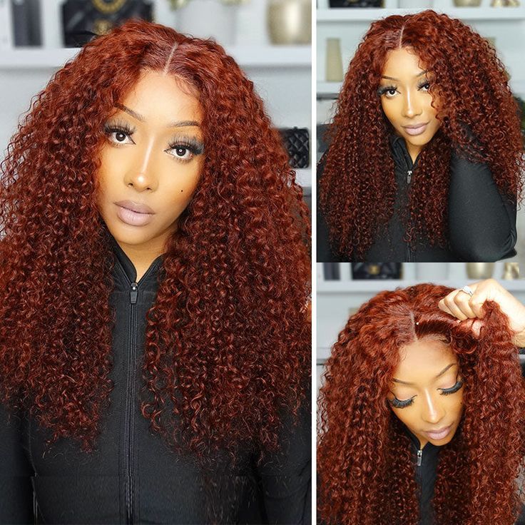 $100 Off Full $101 | Code: SAVE100 Klaiyi Auburn Copper Color Jerry Curly  6x4.75  Pre-Cut Lace Wig Flash Sale