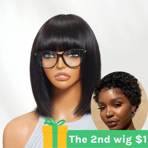 The Second One $1| Klaiyi Bob Wig With Bangs Glueless Human Hair Machine Made Beginner Friendly Flash Sale