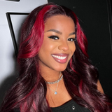 20"=$89|13x4 Klaiyi Ombre Highlight Dark Burgundy with Rose Red Transparent Lace Frontal Wig Body Wave Wig Flash Sale
