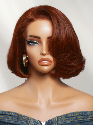 Klaiyi 7x5 Bye Bye Knots No Slip Glueless Lace Wig Copper Auburn Reddish Brown Side Part Straight Short Bob Wig