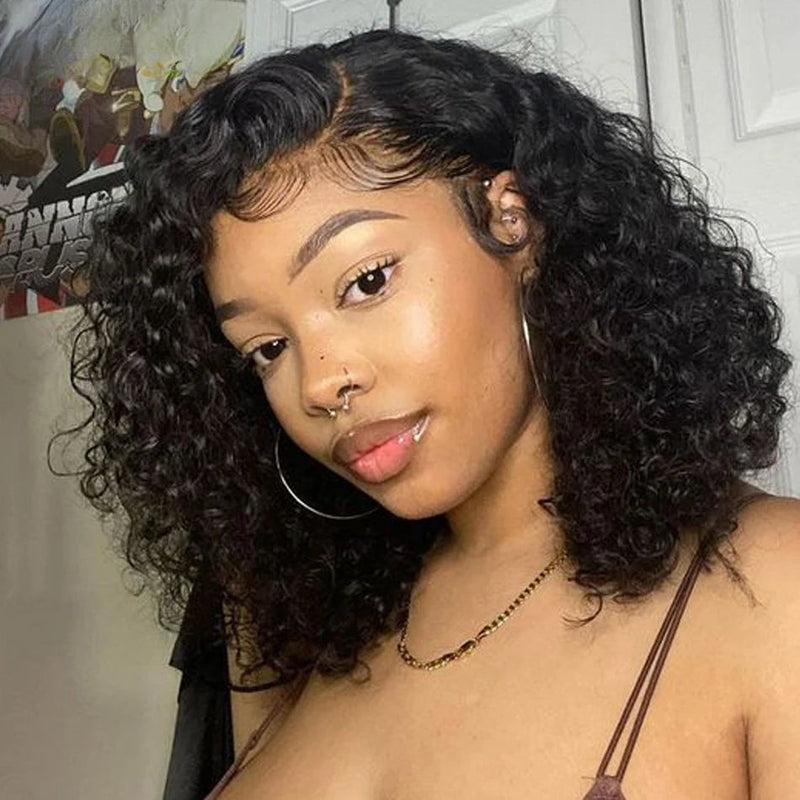 $100 OFF| Code: SAVE100  Klaiyi Side Deep Part Short Bob Curly Wig 7X5 Bye Bye Knots Lace Closure Wigs