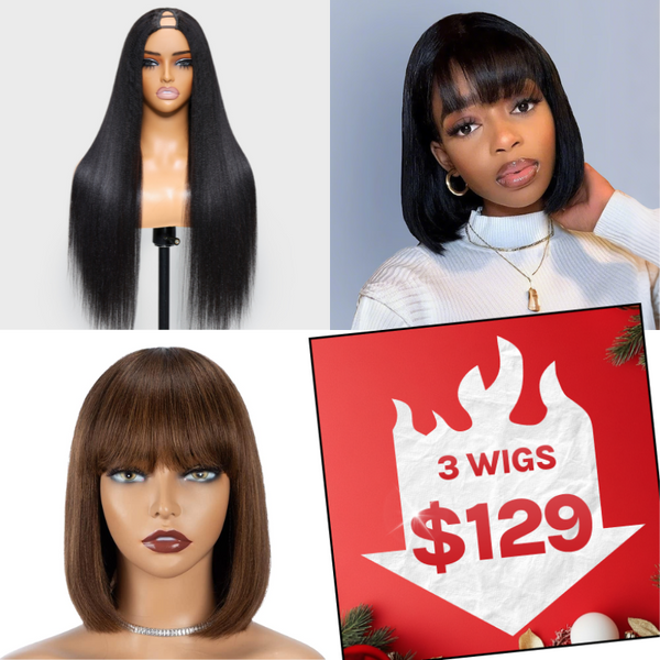 $129 Get 3 Wigs |  Glueless Bob Wig With Bangs + Middle Brown Glueless Bob Wig With Bangs + Yaki Straight Upgrade V Part Wig Flash Sale