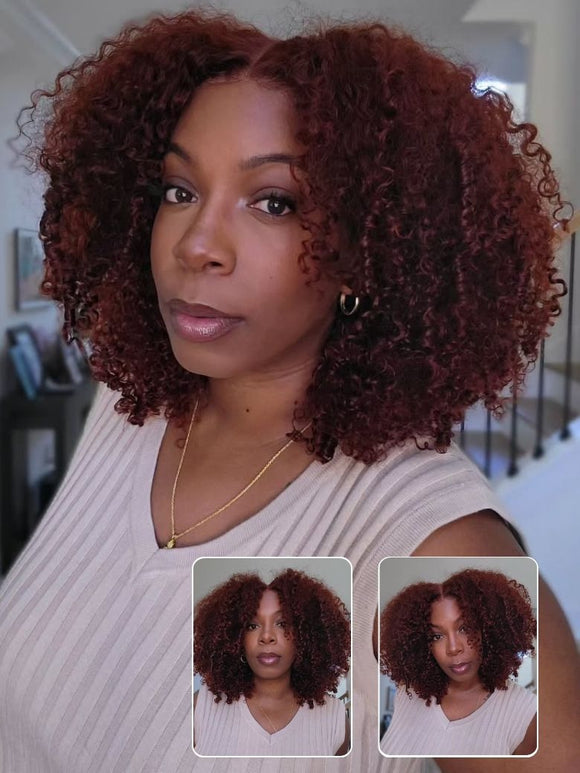 Perruque Klaiyi Afro Kinky Curly Reddish Brown, densité 180%, 13x4, pré-assemblée avec une frontale invisible et un cordon de serrage, sans colle. 