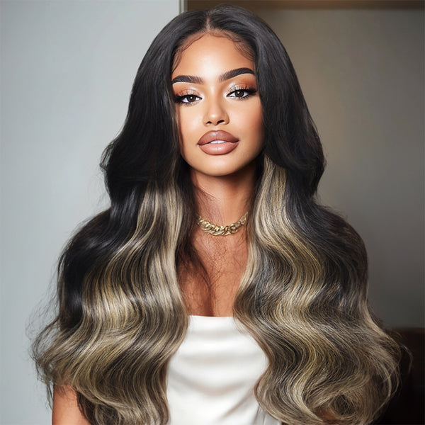 Klaiyi 1B/Gray Blonde Highlights 7x5 Bye Bye Knots Loose Wave Wig Put on and Go Glueless Wig