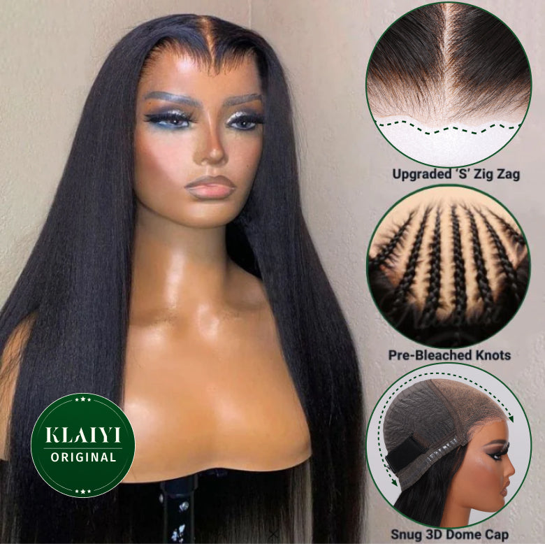 Extra 50% Off Code HALF50 | Klaiyi Yaki Straight Put On and Go Glueless Lace Wigs 7x5 Bye Bye Knots Pre-cut Human Hair Lace Wig Kinky Straight