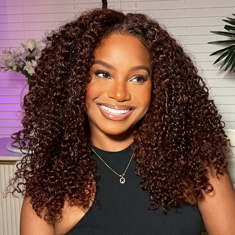 New User Exclusive | Klaiyi Pre-Cut Lace Wig Put On and Go Wigs Reddish Brown Jerry Curly Lace Closure Wig