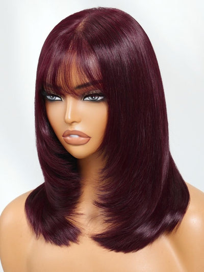 Klaiyi Black Cherry 7x5 Bye Bye Knots Layered Wolf Cut with Wispy Bangs Mid-length Sleek Bob Glueless Lace wig with Invisi Drawstring