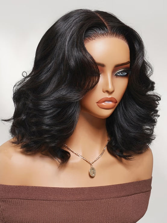 Klaiyi 7x5 No-Slip Glueless Lace Wig Soft Glam Layered Effortless Blowout Bob Human Hair Wig
