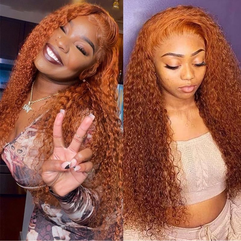 $100 Off Full $101 | Code: SAVE100 Klaiyi Medium Auburn Brown Colored Jerry Curly Lace Front Wigs Virgin Human Hair Ginger Color Wigs