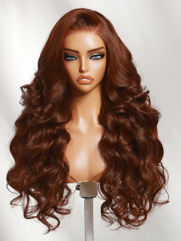 Klaiyi 13x4 Pre-Evertyhing Lace Frontal Wig Copper Auburn Side Part Body Wave Human Hair Wig
