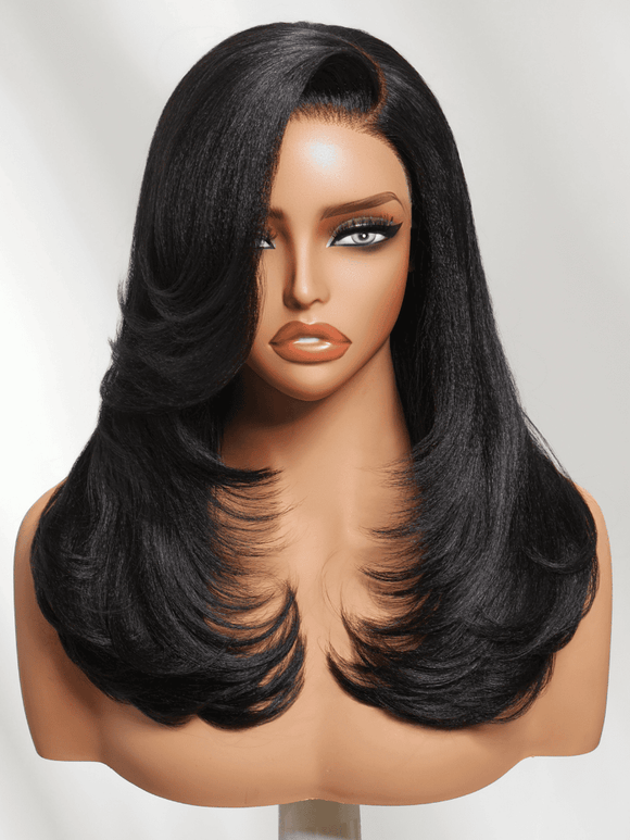 Klaiyi 7x5 HD No Slip Blowout Lob Yaki Straight Wig Side Part Face-Framing Feathered Layers Salon Blowout Look Glueless Wig