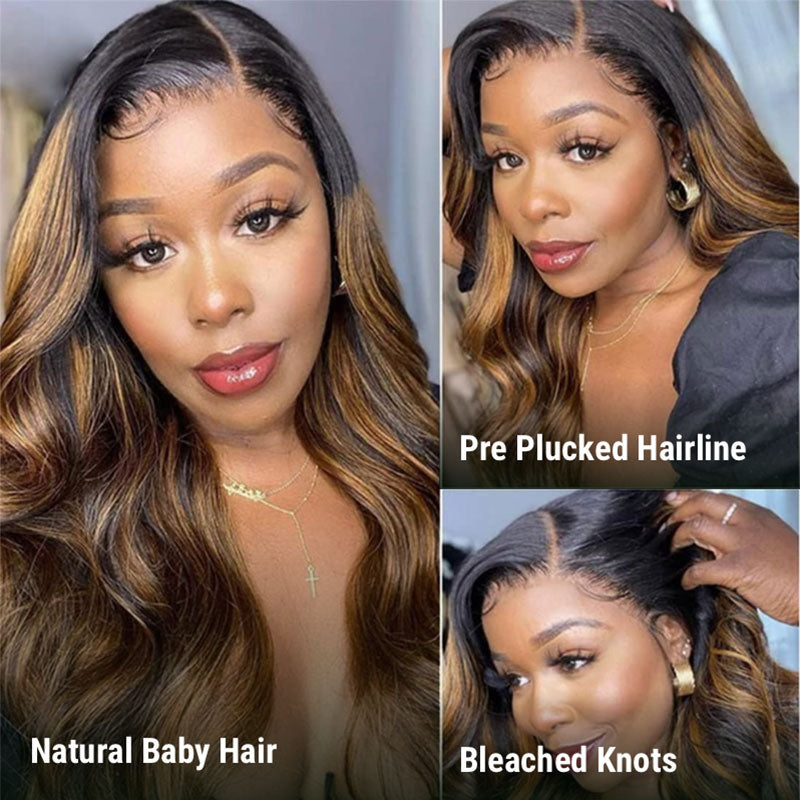 Extra 60% OFF | Klaiyi Dark Root Brown Balayage Highlight Body Wave Lace Front Wig Flash Sale