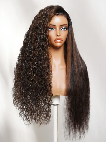 Klaiyi Dream Curls 2-IN-1 Wet & Wavy Wig Straight to Water Wave Golden Brown Highlight 7x5 Glueless Lace Human Hair Wig
