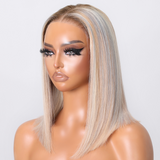 Klaiyi Platinum Blonde Highlight 6x4.75 Pre-cut Lace Glueless Wear Go Bob Wig Human Hair Wig Grey Blonde Highlights