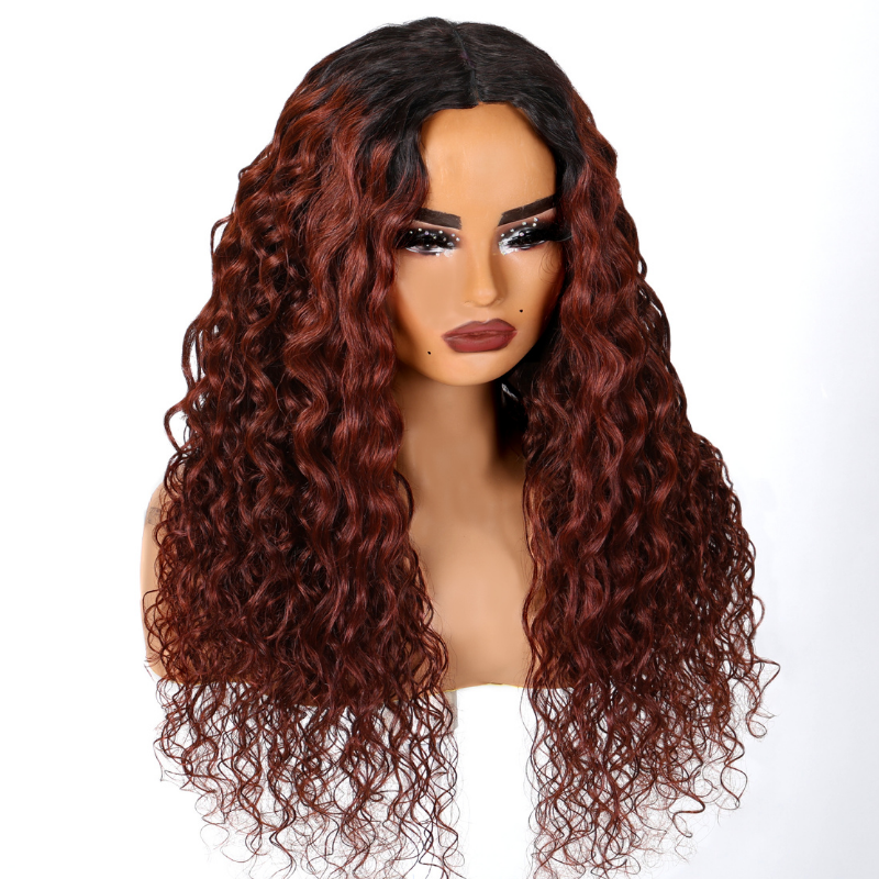 Extra 70% OFF | Klaiyi Breathable Cap Wig Dark Root Reddish Brown Water Wave V Part Wigs Real Scalp No Leave Out