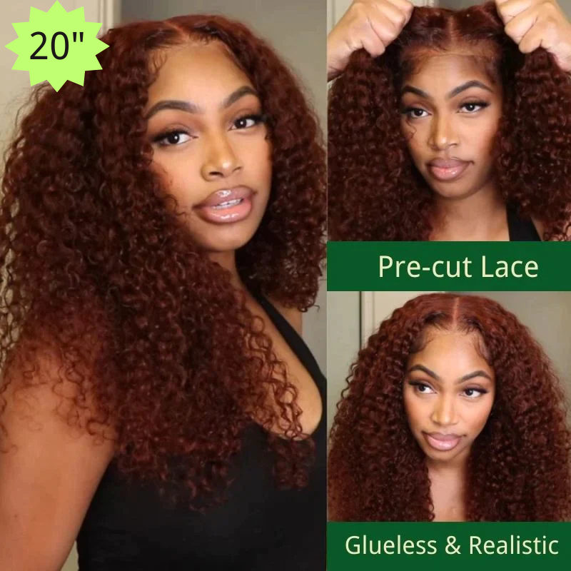 Klaiyi 7x5 Pre-Cut Lace Wig Put On and Go Invisible Knots Reddish Brown Color Jerry Curly Flash Sale