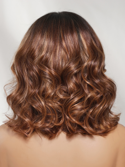 Klaiyi 13x4 Pre-Everything Lace Forntal Wig Sun-kissed Copper Brown Highlights Face-framing Layered Blowout Bob Wig