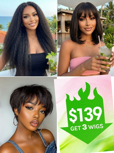 149 $ - Obtenez 3 perruques | Perruque Klaiyi V Part Kinky Curly + Perruque Bob sans colle avec frange + Perruque Pixie courte 100 % sans colle - Vente flash