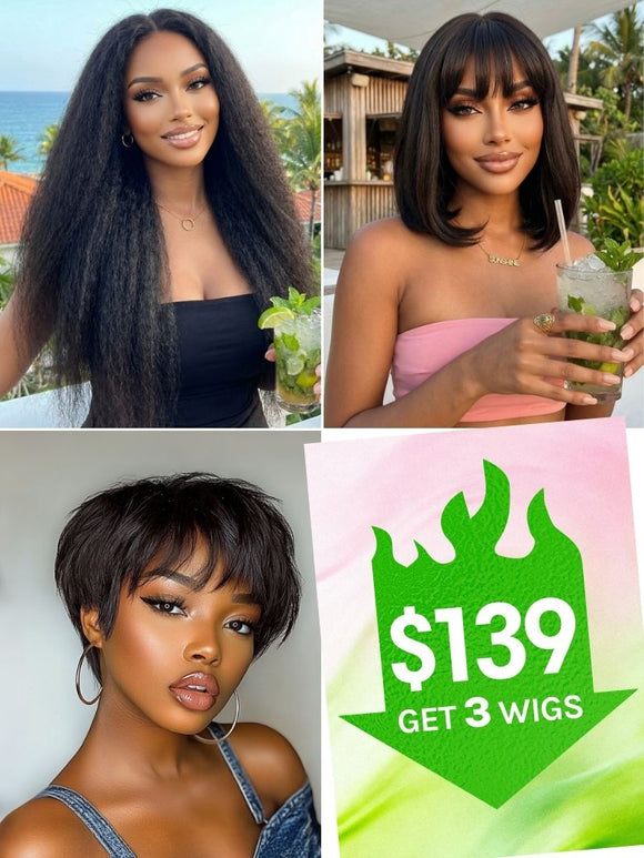 $139 Get 3 Wigs | Klaiyi V Part Kinky Straight Wig + Glueless Bob Wig With Bangs + 100% Glueless Short Pixie Wig Flash Sale