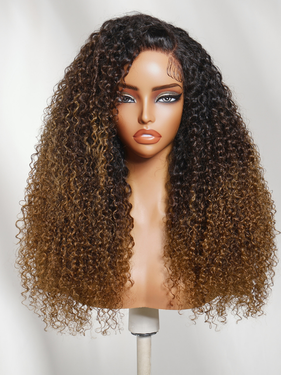 Klaiyi 7x5 No Slip Glueless Lace Wig Dark Brown To Warm Golden Caramel Curly Human Hair Wig