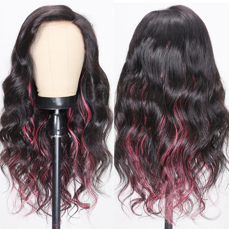 Klaiyi Natural Black Body Wave With Pink Highlights Pink Striped Human Hair Wigs