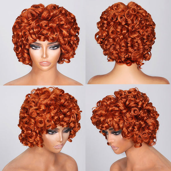 Low to $39 Deal | Klaiyi Afro Short Curly Wig with Bangs Fullness Bouncy Rose Curls Flash Sale Ginger Orange/613 Blonde Color