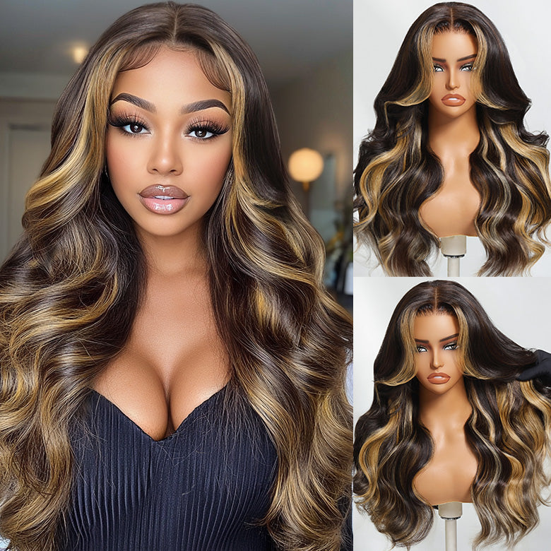 Klaiyi Honey Caramel Highlights Body Wave 7x5 Bye Bye Knots Put on and go Glueless Wigs 100% Human Hair