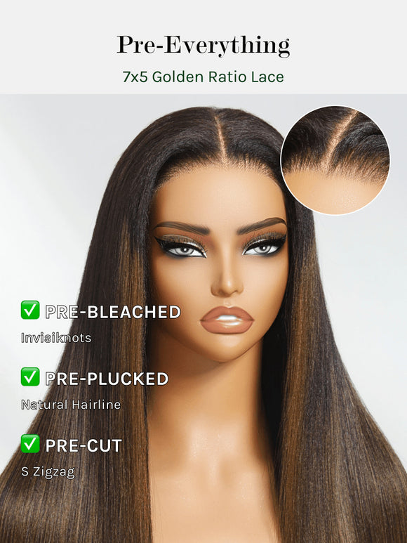 Klaiyi 13×4 Yaki Straight Balayage Highlight Lace Front Wig Put on and Go with Invisible Drawstring Human Hair Wigs