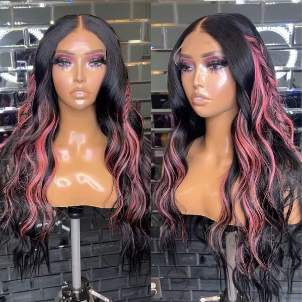 Klaiyi Natural Black Body Wave With Pink Highlights Pink Striped Human Hair Wigs